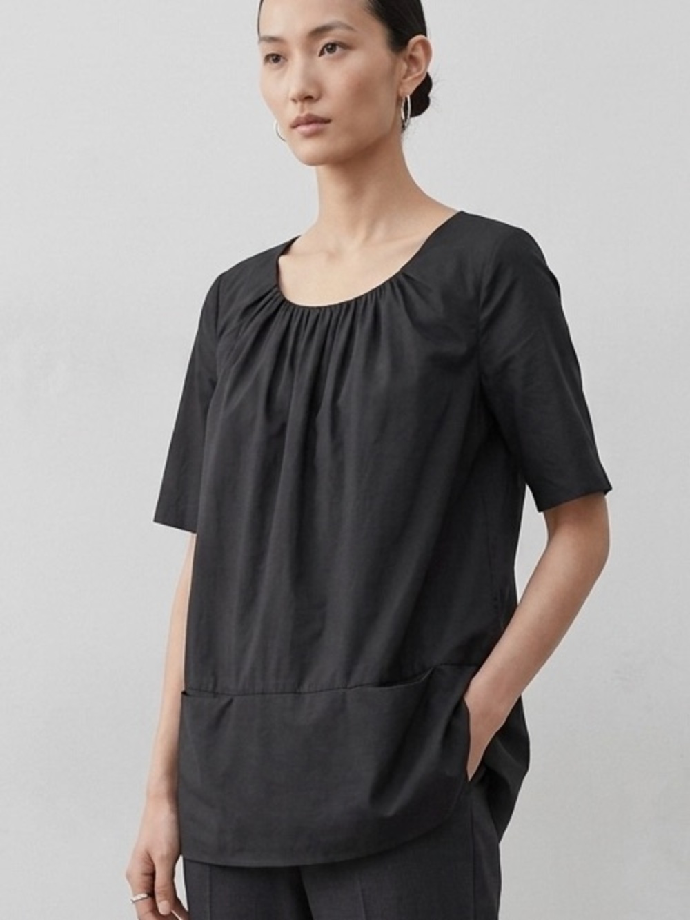 COS Black Cotton Poplin Gathered Neck Top Size 38 US 6 Quiet Luxury Scandi-Chic